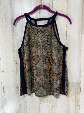 Pixley Navy Mosaic Halter Tank with Orange & Green Pattern